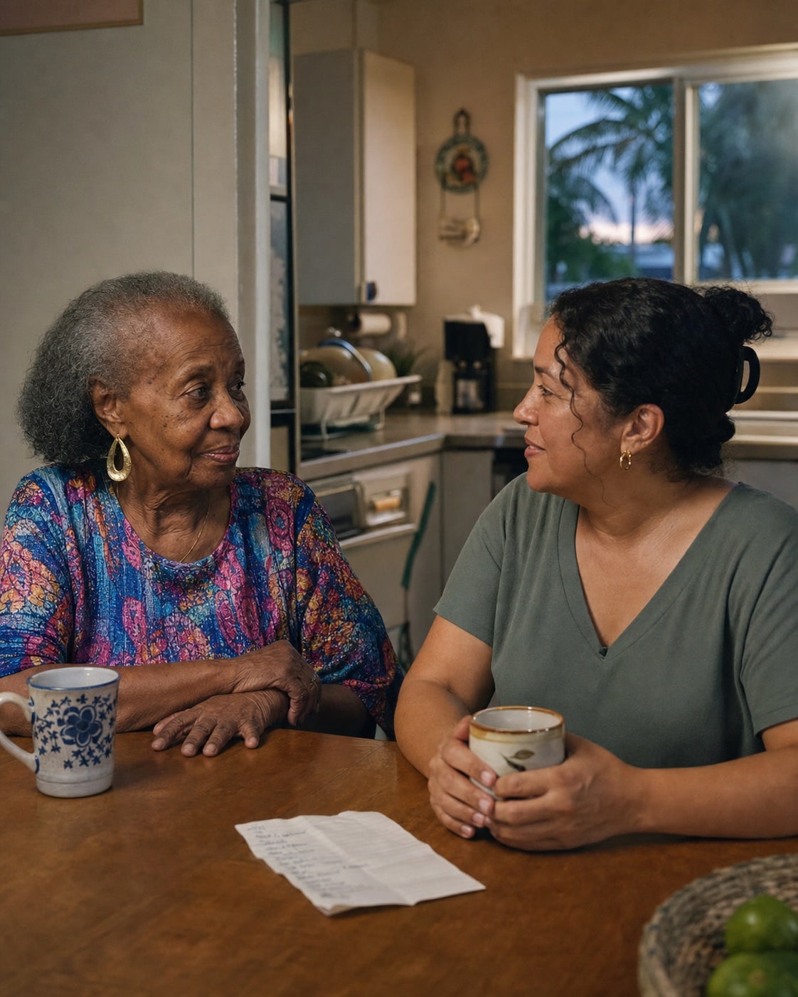 An older adult and a local helper talking at a kitchen table.