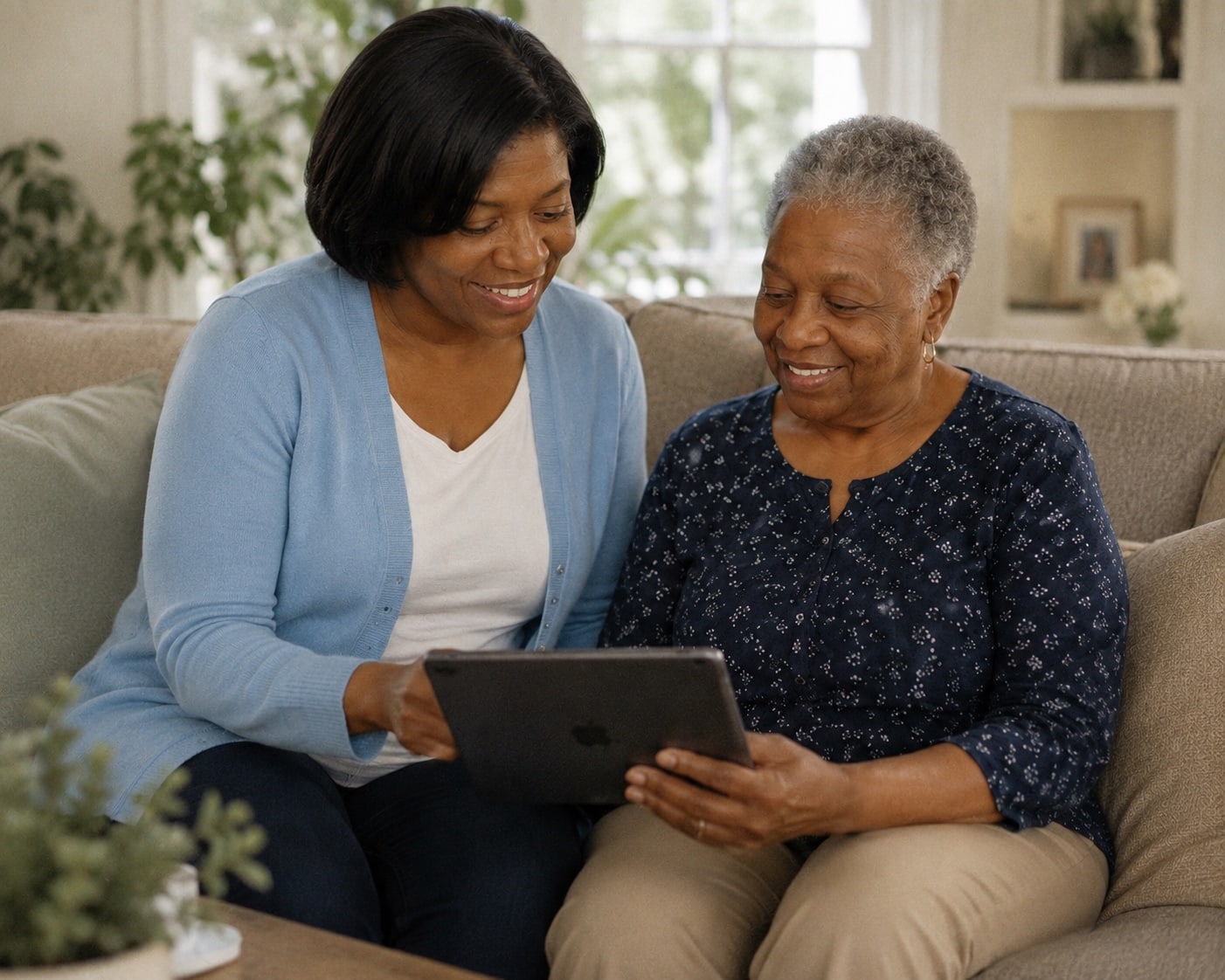 A local helper and an older adult using a tablet together on a sofa.