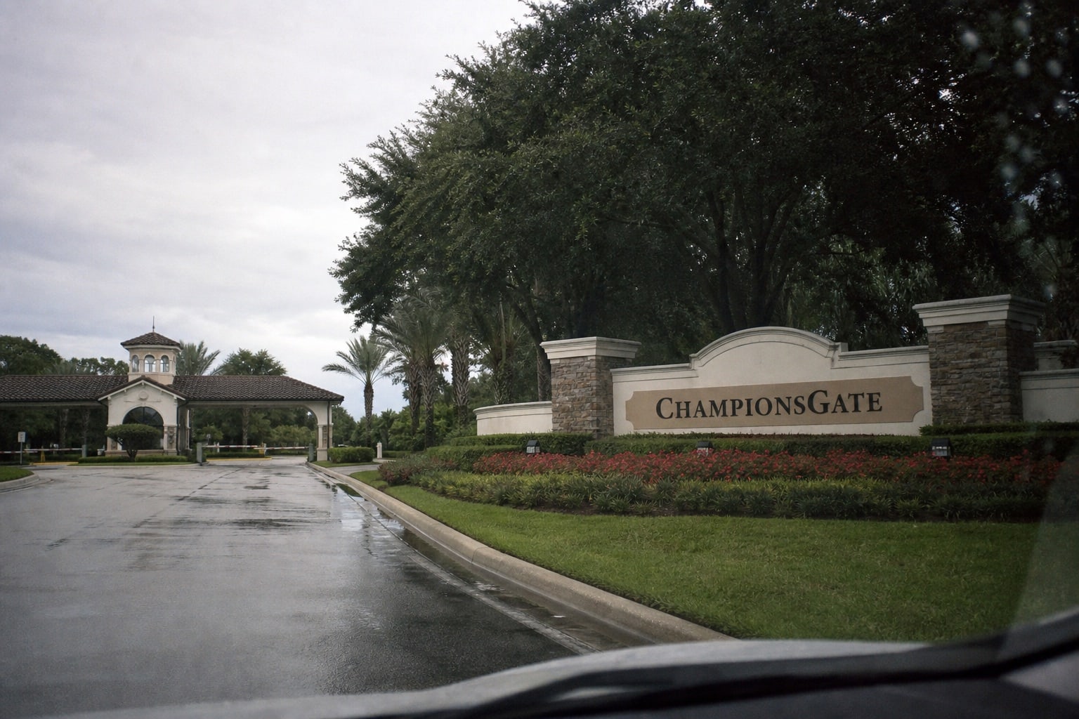 The ChampionsGate entrance on a wet morning.